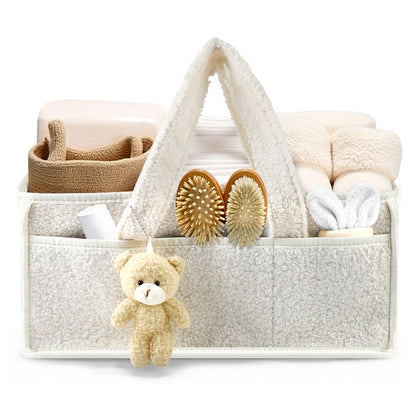 White Large Capacity Plush Baby Diaper Caddy Storage Tote, Foldable Nursery Organizer Bag and Mommy Handbag with Muti Pockets, 4 Adjustable Dividers and Teddy Charm for Travel & Home Use (15.3 x 10.6 x 7") Kemu |Fashion Home Kitchen Beauty