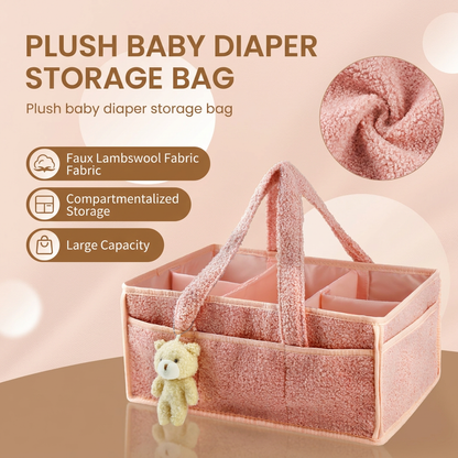 White Large Capacity Plush Baby Diaper Caddy Storage Tote, Foldable Nursery Organizer Bag and Mommy Handbag with Muti Pockets, 4 Adjustable Dividers and Teddy Charm for Travel & Home Use (15.3 x 10.6 x 7") Kemu |Fashion Home Kitchen Beauty