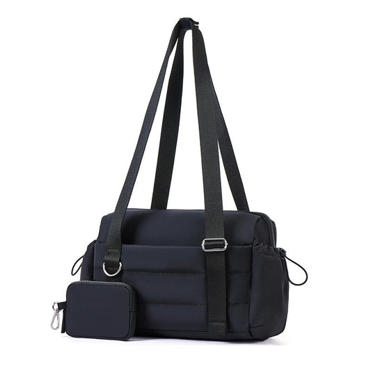 Black Women’s Fluffy Nylon Gym Travel Tote Bag and Coin Purse Set - Side Drawstring Cup Holder, Front / Back Zipper Pockets and Wet & Dry Separation, Large Capacity and Lightweight 11.7 x 4.2 x 8" Kemu |Fashion Home Kitchen Beauty