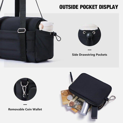 Black Women’s Fluffy Nylon Gym Travel Tote Bag and Coin Purse Set - Side Drawstring Cup Holder, Front / Back Zipper Pockets and Wet & Dry Separation, Large Capacity and Lightweight 11.7 x 4.2 x 8" Kemu |Fashion Home Kitchen Beauty
