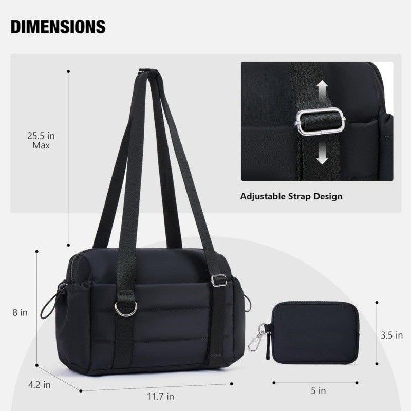 Black Women’s Fluffy Nylon Gym Travel Tote Bag and Coin Purse Set - Side Drawstring Cup Holder, Front / Back Zipper Pockets and Wet & Dry Separation, Large Capacity and Lightweight 11.7 x 4.2 x 8" Kemu |Fashion Home Kitchen Beauty
