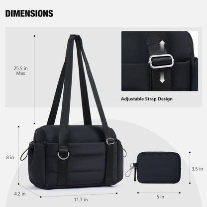 Black Women’s Fluffy Nylon Gym Travel Tote Bag and Coin Purse Set - Side Drawstring Cup Holder, Front / Back Zipper Pockets and Wet & Dry Separation, Large Capacity and Lightweight 11.7 x 4.2 x 8" Kemu |Fashion Home Kitchen Beauty