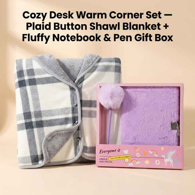 Warm Cozy Study and Office Corner Set with Wearable Dual Layer Fleece Shawl Blanket and Fluffy Plush A5 Lock Diary & Pen Gift Box - Plaid Thermal Nap Wrap and Purple Cute Stationery Kit for Workers and Students Kemu |Fashion Home Kitchen Beauty