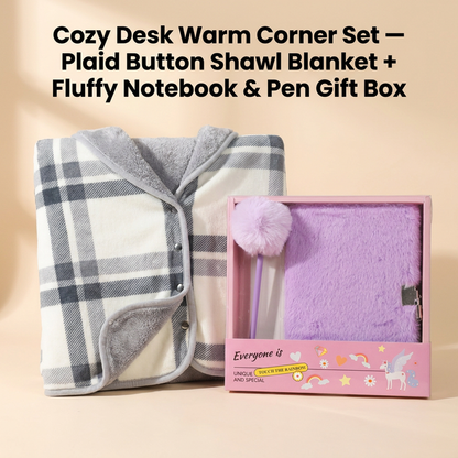 Warm Cozy Study and Office Corner Set with Wearable Dual Layer Fleece Shawl Blanket and Fluffy Plush A5 Lock Diary & Pen Gift Box - Plaid Thermal Nap Wrap and Purple Cute Stationery Kit for Workers and Students Kemu |Fashion Home Kitchen Beauty