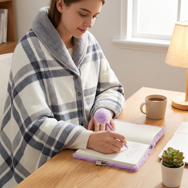 Warm Cozy Study and Office Corner Set with Wearable Dual Layer Fleece Shawl Blanket and Fluffy Plush A5 Lock Diary & Pen Gift Box - Plaid Thermal Nap Wrap and Purple Cute Stationery Kit for Workers and Students Kemu |Fashion Home Kitchen Beauty
