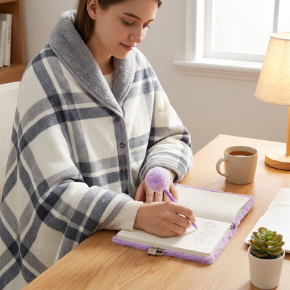 Warm Cozy Study and Office Corner Set with Wearable Dual Layer Fleece Shawl Blanket and Fluffy Plush A5 Lock Diary & Pen Gift Box - Plaid Thermal Nap Wrap and Purple Cute Stationery Kit for Workers and Students Kemu |Fashion Home Kitchen Beauty