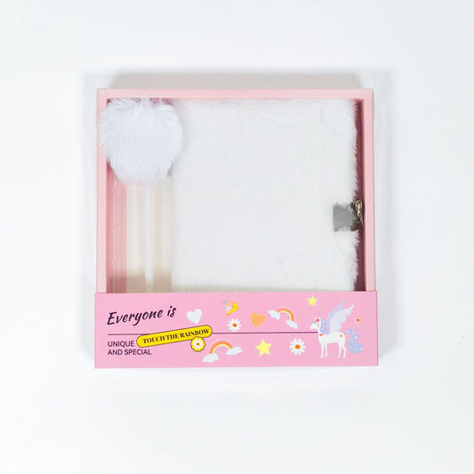 White Plush A5 Notebook and Pom Pom Pen Gift Box with Privacy Lock & Key - Soft Faux Fur Diary, Secure Personal Journal, Perfect Gift-Ready Stationery for Kids and Teens Kemu |Fashion Home Kitchen Beauty