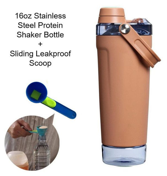 Coffee Sports Nutritional Drinkware Set with 16oz Stainless Steel Protein Shaker Bottle and Sliding Anti-spill Scoop - Vacuum Insulated Gym Flask with Detachable Bottom Storage Capsule and Quick-Open Lid, Filter Net & Portable Handle for Gym and Outdoor W Kemu |Fashion Home Kitchen Beauty