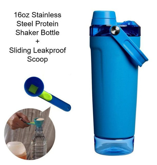 Blue Sports Nutritional Drinkware Set with 16oz Stainless Steel Protein Shaker Bottle and Sliding Anti-spill Scoop - Vacuum Insulated Gym Flask with Detachable Bottom Storage Capsule and Quick-Open Lid, Filter Net & Portable Handle for Gym and Outdoor Wo Kemu |Fashion Home Kitchen Beauty