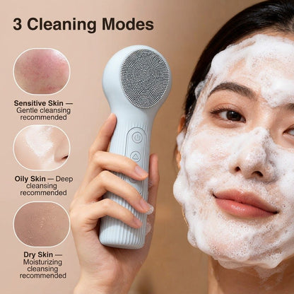 Pink 45°C Constant Heating Silicone Facial Cleansing Brush and 3pcs 8-Layer Fine Foaming Nets Set - Electric Sonic Face Scrubber with Dual-Sided Cleaning Surface & 3-Speed Vibration Massage, IPX7 Waterproof Skincare Absorption and Massage Device