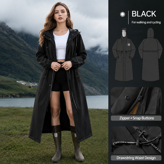 Black Full-Cover Hooded EVA Raincoat, Long Trench Coat Waterproof Rain Poncho with Adjustable Waist & Collar Drawstring, Zipper & Snap Windproof Closure, Extended Clear Brim and Covered Pockets for Dailywear Cycling Hiking Camping Use, XL Size Kemu |Fashion Home Kitchen Beauty