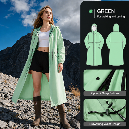 Green Full-Cover Hooded EVA Raincoat, Long Trench Coat Waterproof Windproof Rain Poncho with Adjustable Waist & Collar Drawstring, Extended Clear Brim and Covered Pockets for Dailywear Cycling Hiking Camping Use, M Size Kemu |Fashion Home Kitchen Beauty