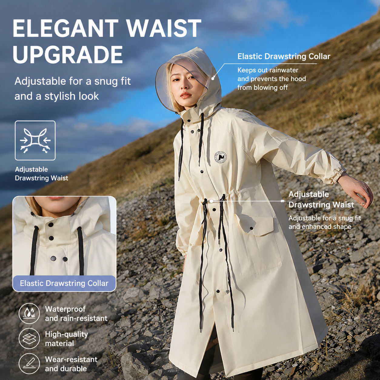 Green Full-Cover Hooded EVA Raincoat, Long Trench Coat Waterproof Windproof Rain Poncho with Adjustable Waist & Collar Drawstring, Extended Clear Brim and Covered Pockets for Dailywear Cycling Hiking Camping Use, M Size Kemu |Fashion Home Kitchen Beauty