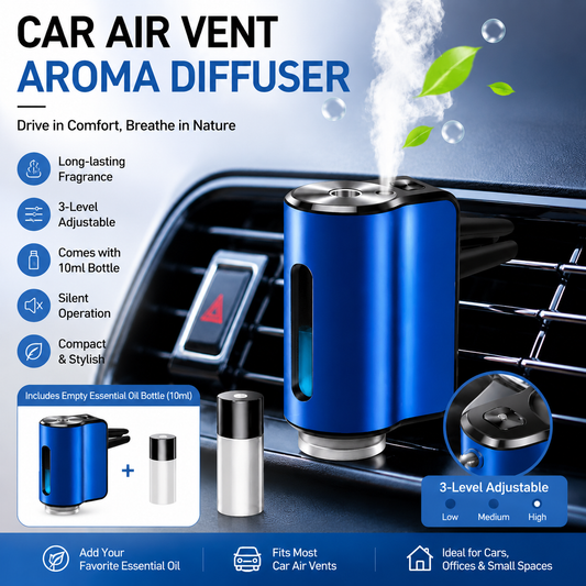 Blue Car Vent Air Freshener Diffuser (Includes a 10ml empty essential oil bottle) 3-Speed Adjustable Aroma Atomiser – Compact Aluminum Alloy USB Essential Oil Car Fragrance Clip