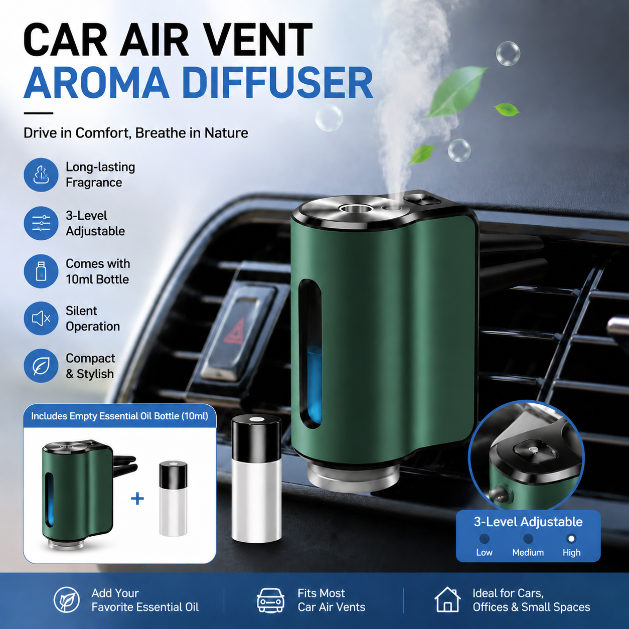 Green Car Vent Air Freshener Diffuser (Includes a 10ml empty essential oil bottle) 3-Speed Adjustable Aroma Atomiser – Compact Aluminum Alloy USB Essential Oil Car Fragrance Clip