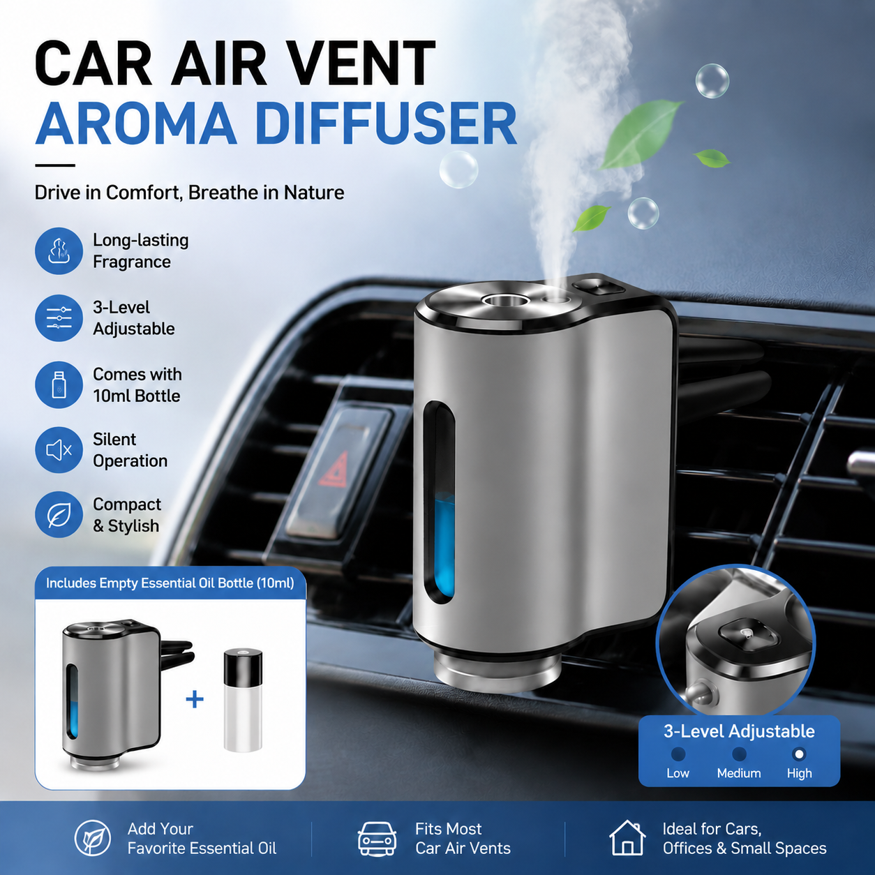Silvery Car Vent Air Freshener Diffuser (Includes a 10ml empty essential oil bottle) 3-Speed Adjustable Aroma Atomiser – Compact Aluminum Alloy USB Essential Oil Car Fragrance Clip