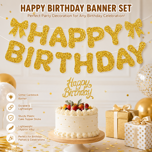 Golden Glitter Happy Birthday Banner and Cake Topper Set - Bow Decoration Birthday Party , Hanging Bunting with Sticks and Tape for Home Celebration Kemu |Fashion Home Kitchen Beauty