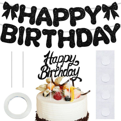 Golden Glitter Happy Birthday Banner and Cake Topper Set - Bow Decoration Birthday Party , Hanging Bunting with Sticks and Tape for Home Celebration Kemu |Fashion Home Kitchen Beauty