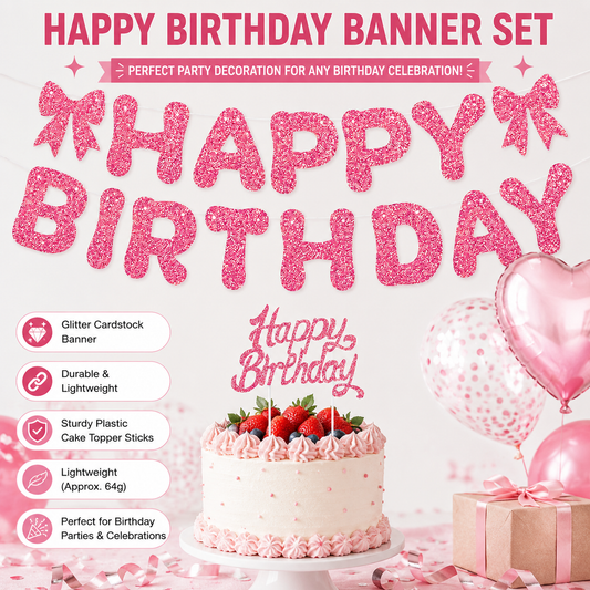 Pink Glitter Happy Birthday Banner and Cake Topper Set - Bow Decoration Birthday Party , Hanging Bunting with Sticks and Tape for Home Celebration Kemu |Fashion Home Kitchen Beauty
