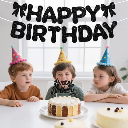 Pink Glitter Happy Birthday Banner and Cake Topper Set - Bow Decoration Birthday Party , Hanging Bunting with Sticks and Tape for Home Celebration Kemu |Fashion Home Kitchen Beauty