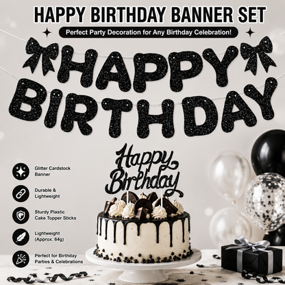 Black Glitter Happy Birthday Banner and Cake Topper Set - Bow Decoration Birthday Party , Hanging Bunting with Sticks and Tape for Home Celebration Kemu |Fashion Home Kitchen Beauty