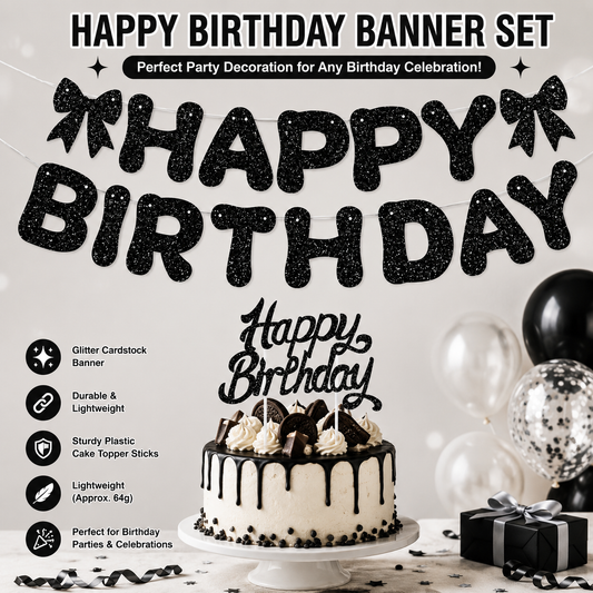 Black Glitter Happy Birthday Banner and Cake Topper Set - Bow Decoration Birthday Party , Hanging Bunting with Sticks and Tape for Home Celebration Kemu |Fashion Home Kitchen Beauty