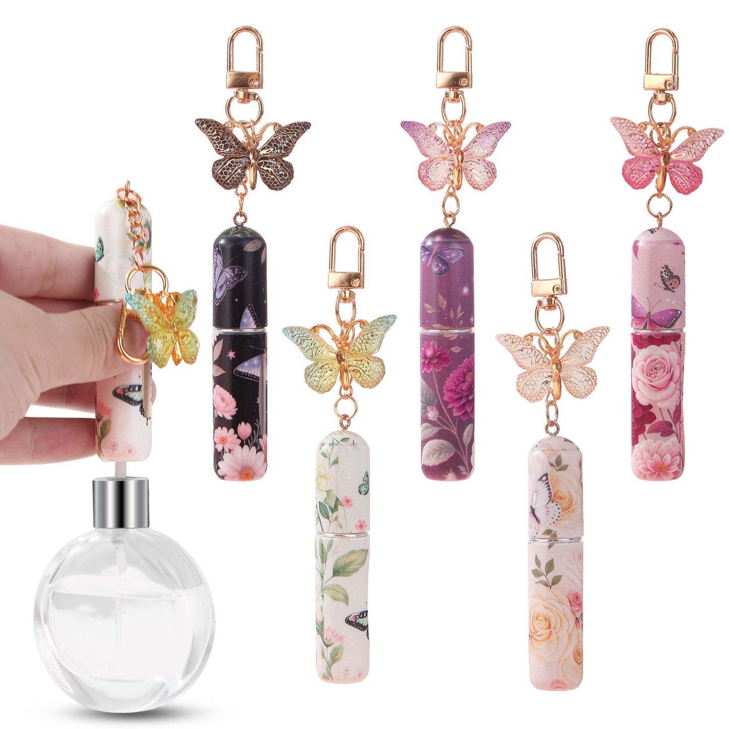 3 Pack Black 5ml Portable Perfume Atomizer Keychain Butterfly Charm Floral Refillable Travel Spray Bottle Set - Same Design
