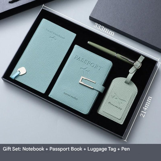 Sky Blue Travel Passport Holder and Notebook Gift Set with Luggage Tag & Metal Pen Business Travel Gift Box