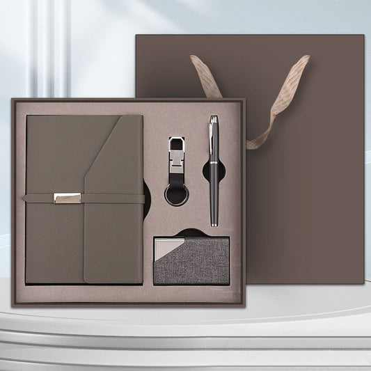 Gray Executive A5 Notebook Gift Set with Metal Pen, Business Card Holder and Keychain for Corporate Gifts, Client Appreciation and Office Professionals