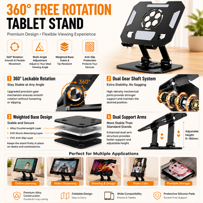 White 360 Degree Rotating Tablet and Phone Stand Adjustable Desktop Holder Foldable Aluminium Alloy Device Stand for Video Calls Streaming Study and Office Us