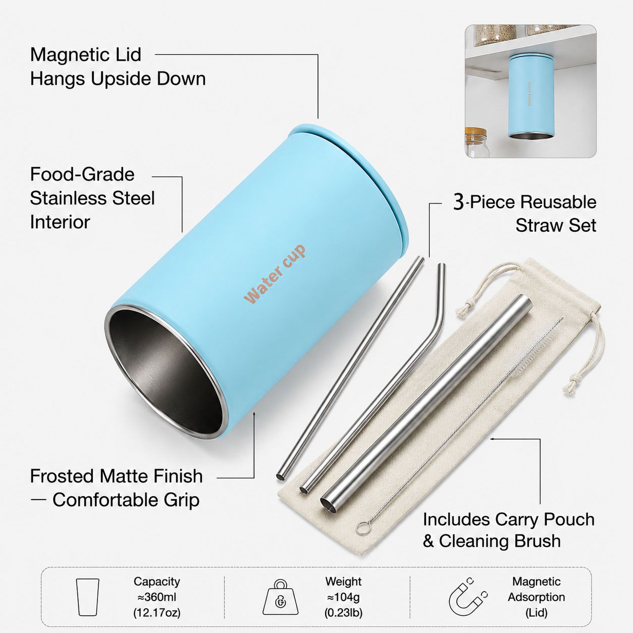 Blue 304 Stainless Steel Magnetic Hanging Water Bottle Set, 12.17 oz Reusable Drinking Bottle, Comes with 4 Stainless Steel Straws, Cleaning Brush, Storage Bag and Magnetic Plate Kemu |Fashion Home Kitchen Beauty