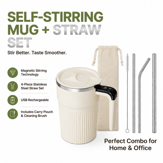 White Self Stirring Coffee Mug Electric Temperature Display Cup 14.4cm (5.67in) Stainless Steel Insulated Travel Mug with 3-Piece Stainless Steel Straw Set for Coffee Milk Protein Shakes Kemu |Fashion Home Kitchen Beauty