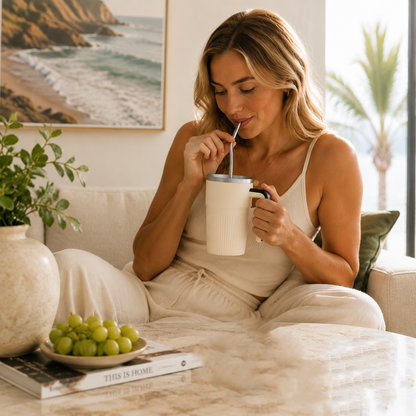White Self Stirring Coffee Mug Electric Temperature Display Cup 14.4cm (5.67in) Stainless Steel Insulated Travel Mug with 3-Piece Stainless Steel Straw Set for Coffee Milk Protein Shakes Kemu |Fashion Home Kitchen Beauty