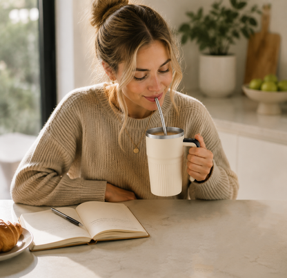 White Self Stirring Coffee Mug Electric Temperature Display Cup 14.4cm (5.67in) Stainless Steel Insulated Travel Mug with 3-Piece Stainless Steel Straw Set for Coffee Milk Protein Shakes Kemu |Fashion Home Kitchen Beauty