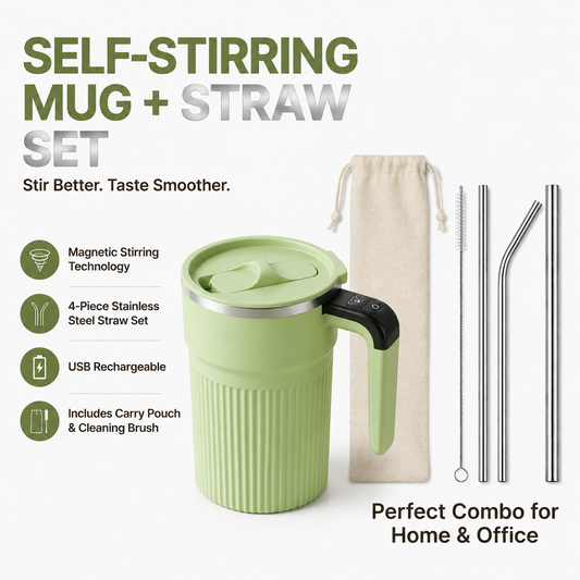 Green Self Stirring Coffee Mug Electric Temperature Display Cup 14.4cm (5.67in) Stainless Steel Insulated Travel Mug with 3-Piece Stainless Steel Straw Set for Coffee Milk Protein Shakes Kemu |Fashion Home Kitchen Beauty
