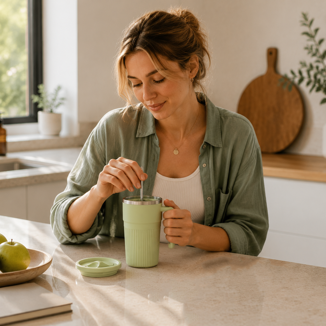 Green Self Stirring Coffee Mug Electric Temperature Display Cup 14.4cm (5.67in) Stainless Steel Insulated Travel Mug with 3-Piece Stainless Steel Straw Set for Coffee Milk Protein Shakes Kemu |Fashion Home Kitchen Beauty