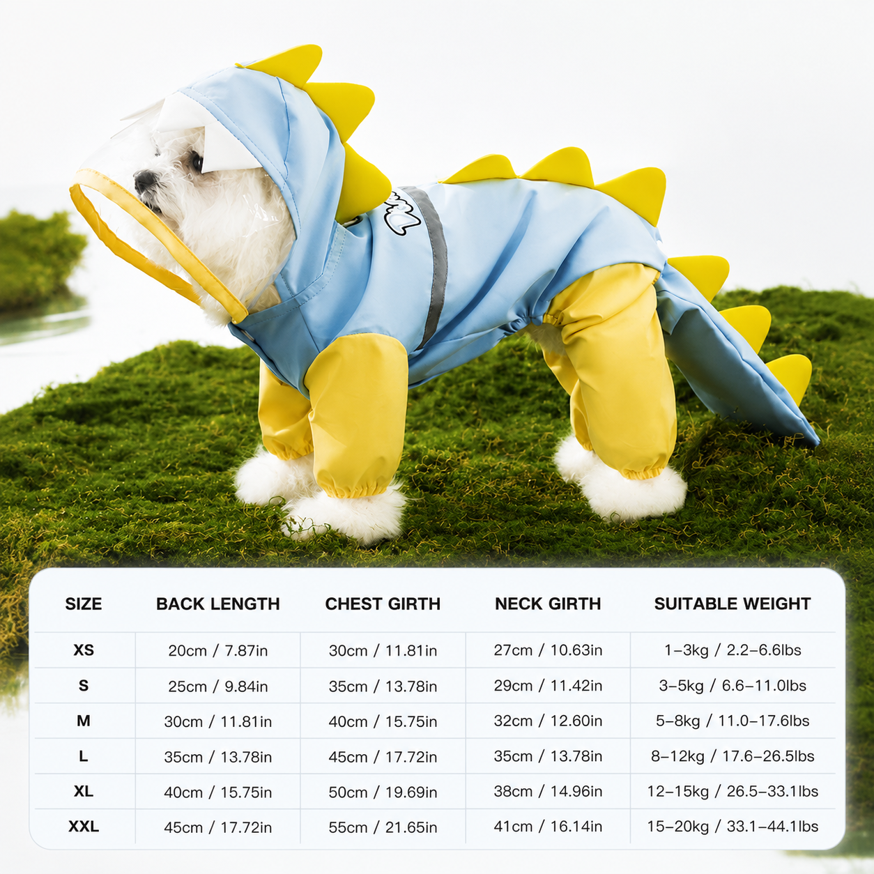 Blue Size 2XL Waterproof Dinosaur Dog Raincoat with Harness Hole Full Body Pet Rain Jacket for Small Dogs Tail Cover Lightweight Outdoor Walking