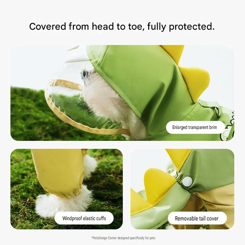 Green Size 2XL Waterproof Dinosaur Dog Raincoat with Harness Hole Full Body Pet Rain Jacket for Small Dogs Tail Cover Lightweight Outdoor Walking