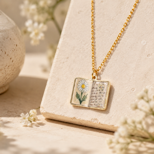 Vintage-style book necklace with April birthday flowers, a luxurious gold-plated bronze exquisite floral pendant gift Kemu |Fashion Home Kitchen Beauty