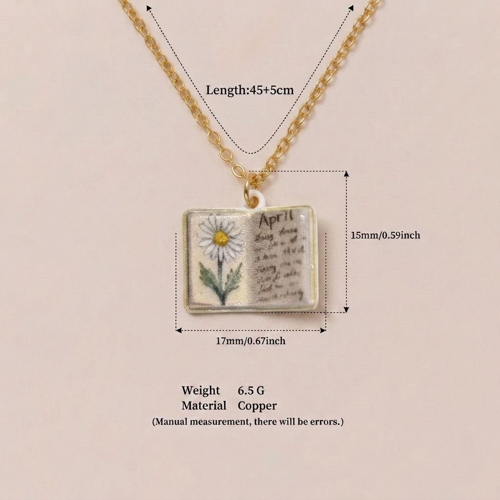 Vintage-style book necklace with April birthday flowers, a luxurious gold-plated bronze exquisite floral pendant gift Kemu |Fashion Home Kitchen Beauty