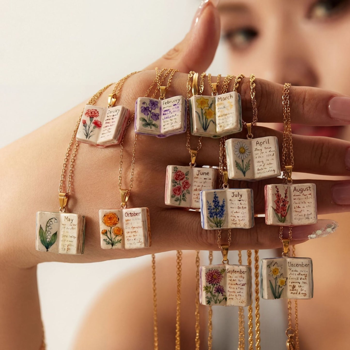 Vintage-style book necklace with April birthday flowers, a luxurious gold-plated bronze exquisite floral pendant gift Kemu |Fashion Home Kitchen Beauty