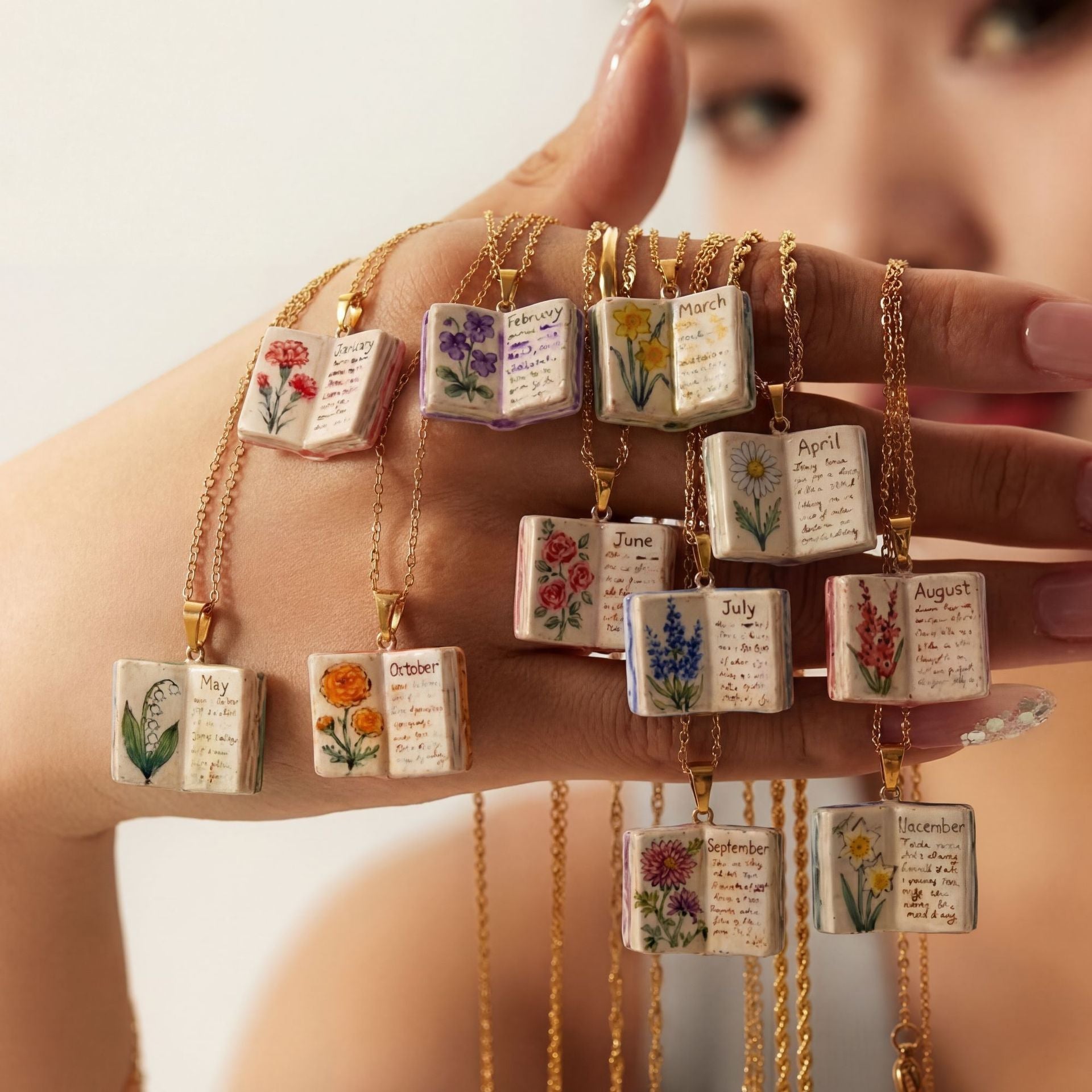 Vintage-style book necklace with April birthday flowers, a luxurious gold-plated bronze exquisite floral pendant gift Kemu |Fashion Home Kitchen Beauty