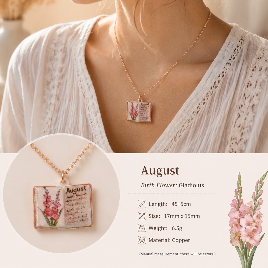 Vintage-style book necklace with August birthday flowers, a luxurious gold-plated bronze exquisite floral pendant gift Kemu |Fashion Home Kitchen Beauty