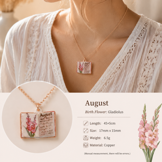 Vintage-style book necklace with August birthday flowers, a luxurious gold-plated bronze exquisite floral pendant gift Kemu |Fashion Home Kitchen Beauty