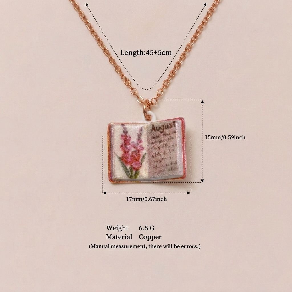 Vintage-style book necklace with August birthday flowers, a luxurious gold-plated bronze exquisite floral pendant gift Kemu |Fashion Home Kitchen Beauty