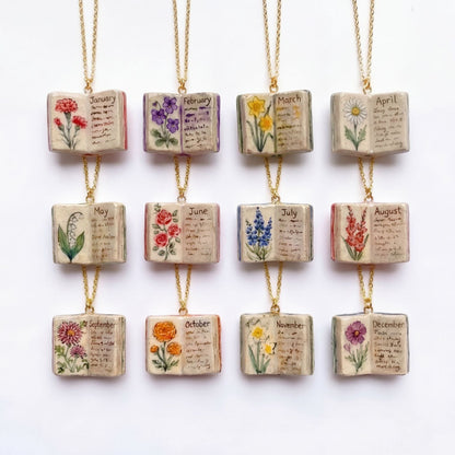 Vintage-style book necklace with August birthday flowers, a luxurious gold-plated bronze exquisite floral pendant gift Kemu |Fashion Home Kitchen Beauty