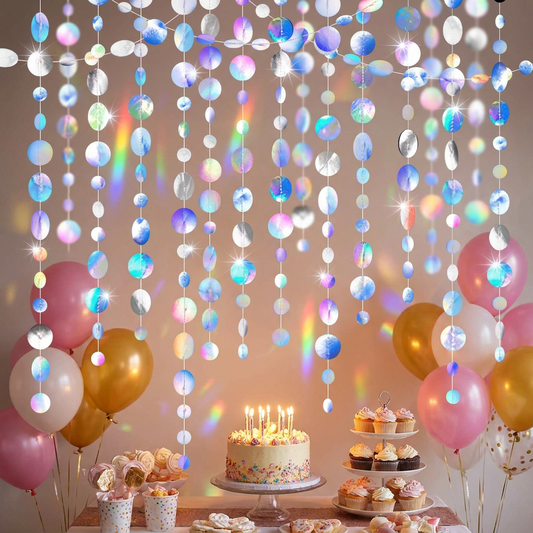 Iridescent Mixed Size Circle Sequin Garland 2 Pack 3m Each Holographic Round Disc Hanging Party Decoration Streamer Birthday Wedding Event Decor Lightweight Easy Setup Kemu |Fashion Home Kitchen Beauty