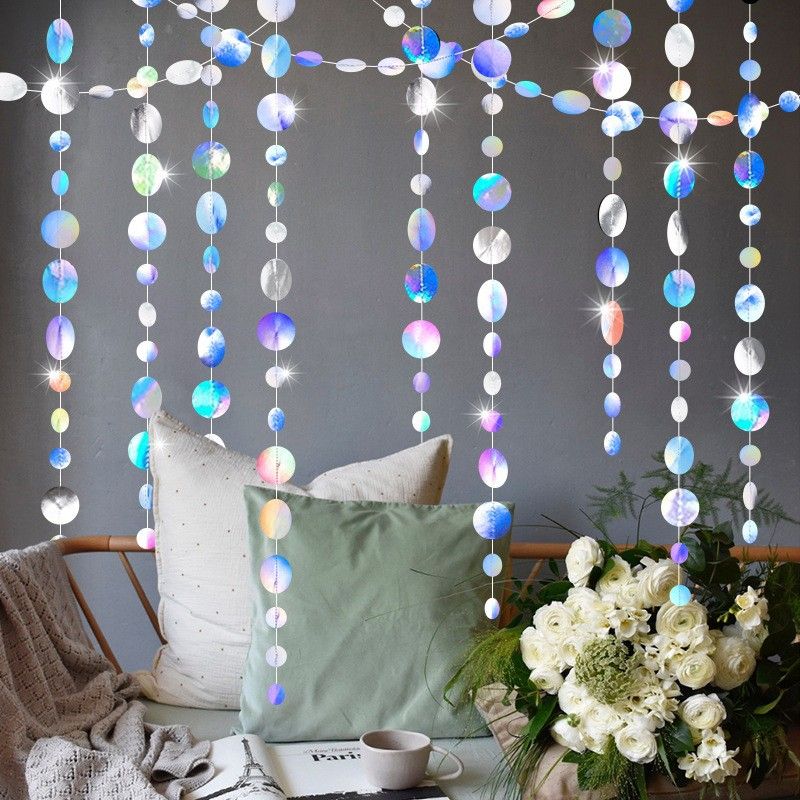 Iridescent Mixed Size Circle Sequin Garland 2 Pack 3m Each Holographic Round Disc Hanging Party Decoration Streamer Birthday Wedding Event Decor Lightweight Easy Setup Kemu |Fashion Home Kitchen Beauty