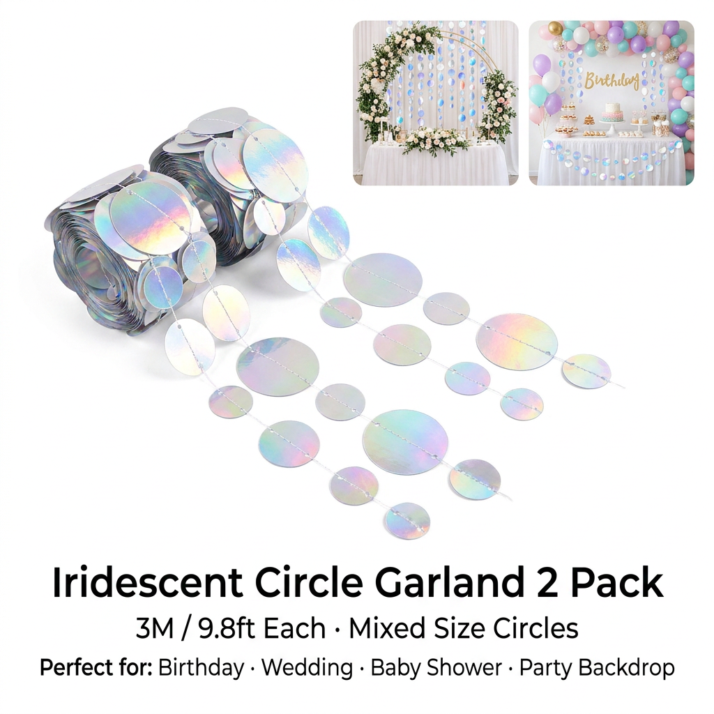 Iridescent Mixed Size Circle Sequin Garland 2 Pack 3m Each Holographic Round Disc Hanging Party Decoration Streamer Birthday Wedding Event Decor Lightweight Easy Setup Kemu |Fashion Home Kitchen Beauty
