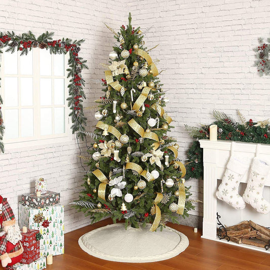 Knitted Christmas Tree Skirt 24 Inch White Round Tree Base Cover with Cable Knit Border Soft Holiday Tree Skirt Rustic Christmas Decor for Home Fireplace Party Festive Gift Display Kemu |Fashion Home Kitchen Beauty